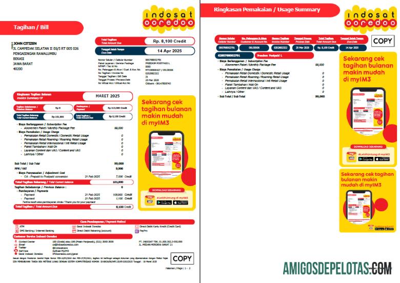 Em branco modelo de conta de serviços públicos da Indonésia Indosat Ooredoo em formatos Word e PDF, 2 páginas